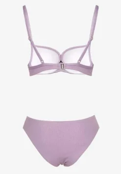 Fioletowe Bikini Majtki Typu Figi i Biustonosz z Usztywnianymi Miseczkami oraz Marszczeniem Jonbia