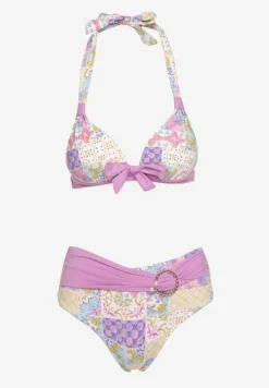 Fioletowo-Beżowe Bikini w Mozaikowy Wzór z Biżuteryjną Klamerką Vextella