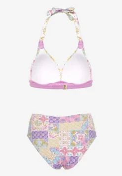 Fioletowo-Beżowe Bikini w Mozaikowy Wzór z Biżuteryjną Klamerką Vextella