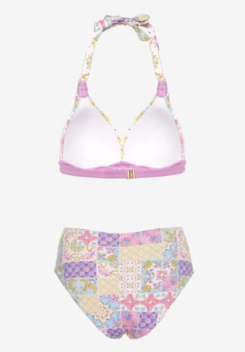 Fioletowo-Beżowe Bikini w Mozaikowy Wzór z Biżuteryjną Klamerką Vextella