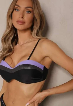 Fioletowo-Czarne Bikini z Metaliczną Nicią Usztywniany Biustonosz i Figi Mitelle