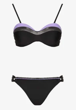Fioletowo-Czarne Bikini z Metaliczną Nicią Usztywniany Biustonosz i Figi Mitelle