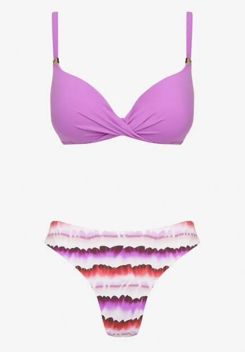 Fioletowo-Różowe Bikini Majtki Figi Ozdobione Nadrukiem i Biustonosz Natinalia