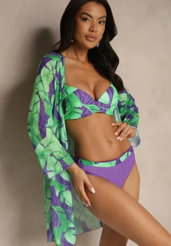 Fioletowo-Zielone Bikini Majtki Figi Biustonosz i Siateczkowa Narzutka Folanisse