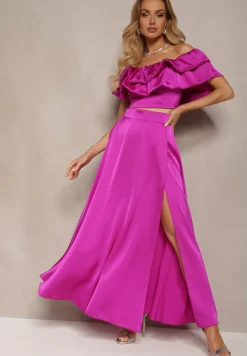 Fioletowy Komplet Długa Spódnica Rozkloszowana z Rozcięciem na Boku oraz Bluzka Hiszpanka Virera