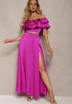 Fioletowy Komplet Długa Spódnica Rozkloszowana z Rozcięciem na Boku oraz Bluzka Hiszpanka Virera