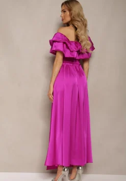 Fioletowy Komplet Długa Spódnica Rozkloszowana z Rozcięciem na Boku oraz Bluzka Hiszpanka Virera