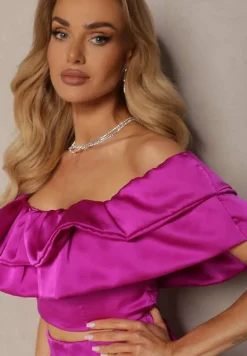 Fioletowy Komplet Długa Spódnica Rozkloszowana z Rozcięciem na Boku oraz Bluzka Hiszpanka Virera