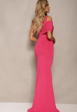 Fuksjowa Asymetryczna Sukienka Koktajlowa z Rozcięciem i Marszczeniem Kremelia