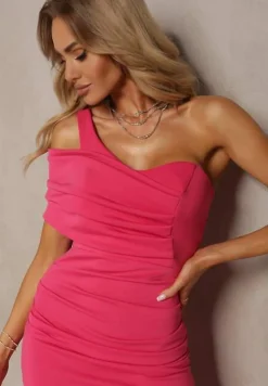 Fuksjowa Asymetryczna Sukienka Koktajlowa z Rozcięciem i Marszczeniem Kremelia