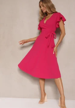 Fuksjowa Kopertowa Sukienka z Rozkloszowanym Dołem i Ozdobnym Wiązaniem Dannola
