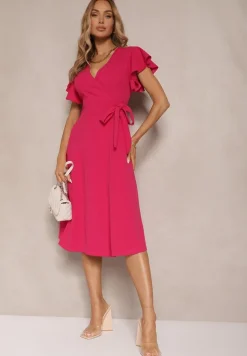 Fuksjowa Kopertowa Sukienka z Rozkloszowanym Dołem i Ozdobnym Wiązaniem Dannola