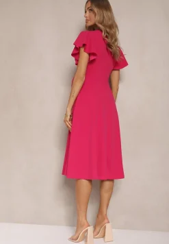 Fuksjowa Kopertowa Sukienka z Rozkloszowanym Dołem i Ozdobnym Wiązaniem Dannola