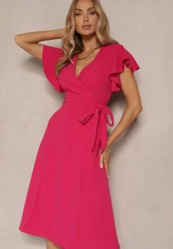 Fuksjowa Kopertowa Sukienka z Rozkloszowanym Dołem i Ozdobnym Wiązaniem Dannola