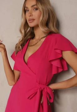 Fuksjowa Kopertowa Sukienka z Rozkloszowanym Dołem i Ozdobnym Wiązaniem Dannola