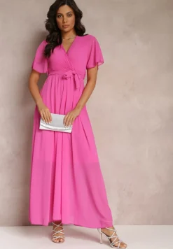 Fuksjowa Plisowana Sukienka z Kopertowym Dekoltem i Gumką w Talii Dimitris