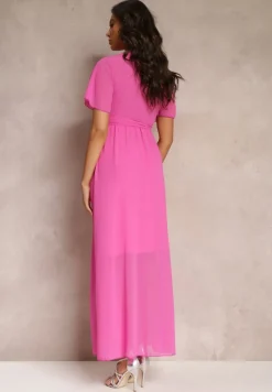 Fuksjowa Plisowana Sukienka z Kopertowym Dekoltem i Gumką w Talii Dimitris