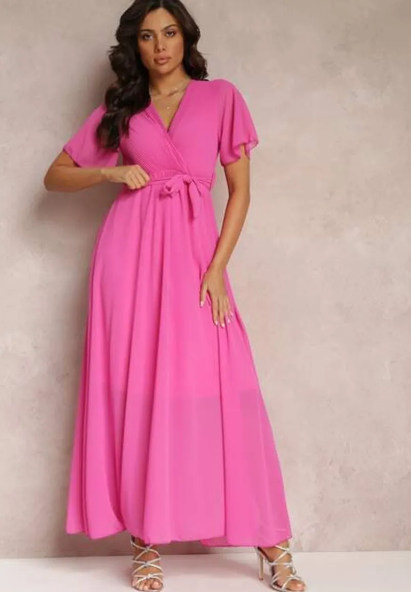 Fuksjowa Plisowana Sukienka z Kopertowym Dekoltem i Gumką w Talii Dimitris