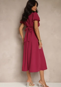 Fuksjowa Rozkloszowana Sukienka Koktajlowa Ozdobiona Wiązaniem Ziverine