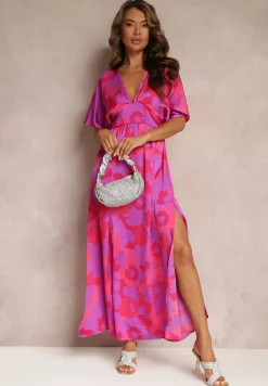 Fuksjowa Rozkloszowana Sukienka Maxi z Wycięciami Aleri