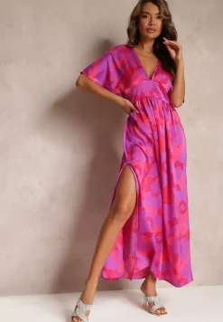 Fuksjowa Rozkloszowana Sukienka Maxi z Wycięciami Aleri