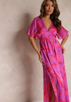 Fuksjowa Rozkloszowana Sukienka Maxi z Wycięciami Aleri