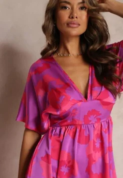 Fuksjowa Rozkloszowana Sukienka Maxi z Wycięciami Aleri