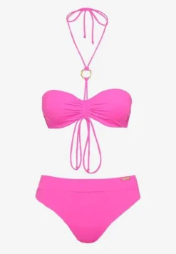 Fuksjowe Bikini Figi i Usztywniany Biustonosz z Regulowanymi Ramiączkami Ozdobiony Sznurkiem Rosbia