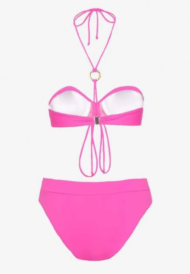 Fuksjowe Bikini Figi i Usztywniany Biustonosz z Regulowanymi Ramiączkami Ozdobiony Sznurkiem Rosbia