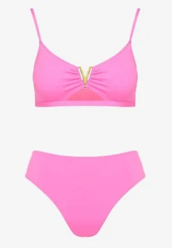 Fuksjowe Bikini Majtki Figi i Biustonosz Ozdobiony Metaliczną Aplikacją Kinniela