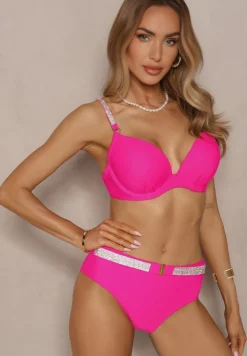 Fuksjowe Bikini Majtki Figi i Biustonosz z Cyrkoniami Tenumela