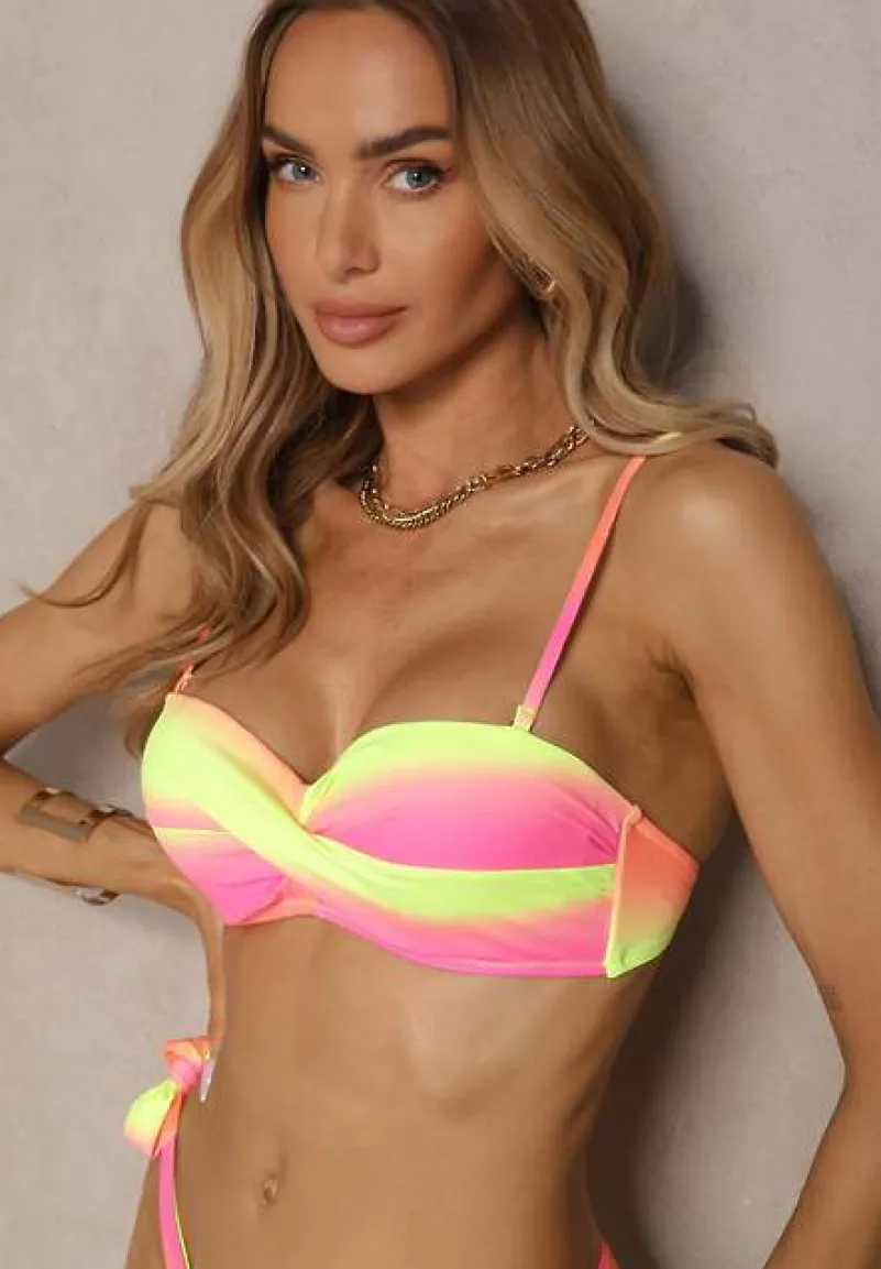 Fuksjowe Bikini Majtki Typu Figi i Biustonosz z Marszczeniem w Geometryczny Wzór Kinnira