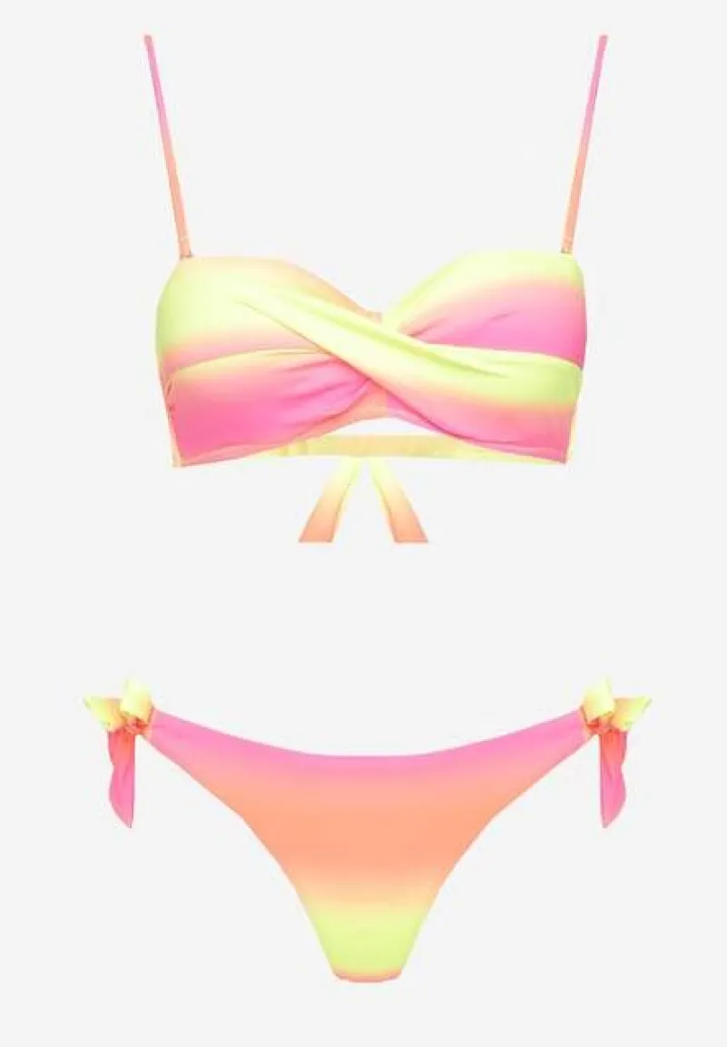 Fuksjowe Bikini Majtki Typu Figi i Biustonosz z Marszczeniem w Geometryczny Wzór Kinnira