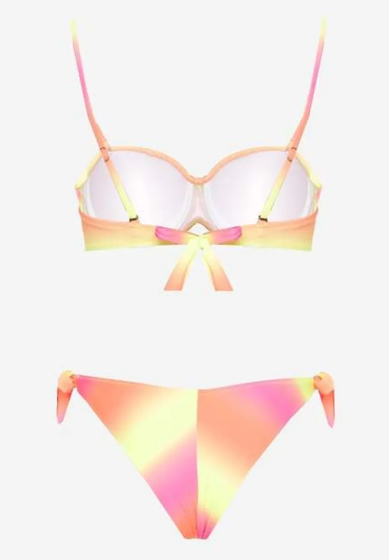 Fuksjowe Bikini Majtki Typu Figi i Biustonosz z Marszczeniem w Geometryczny Wzór Kinnira