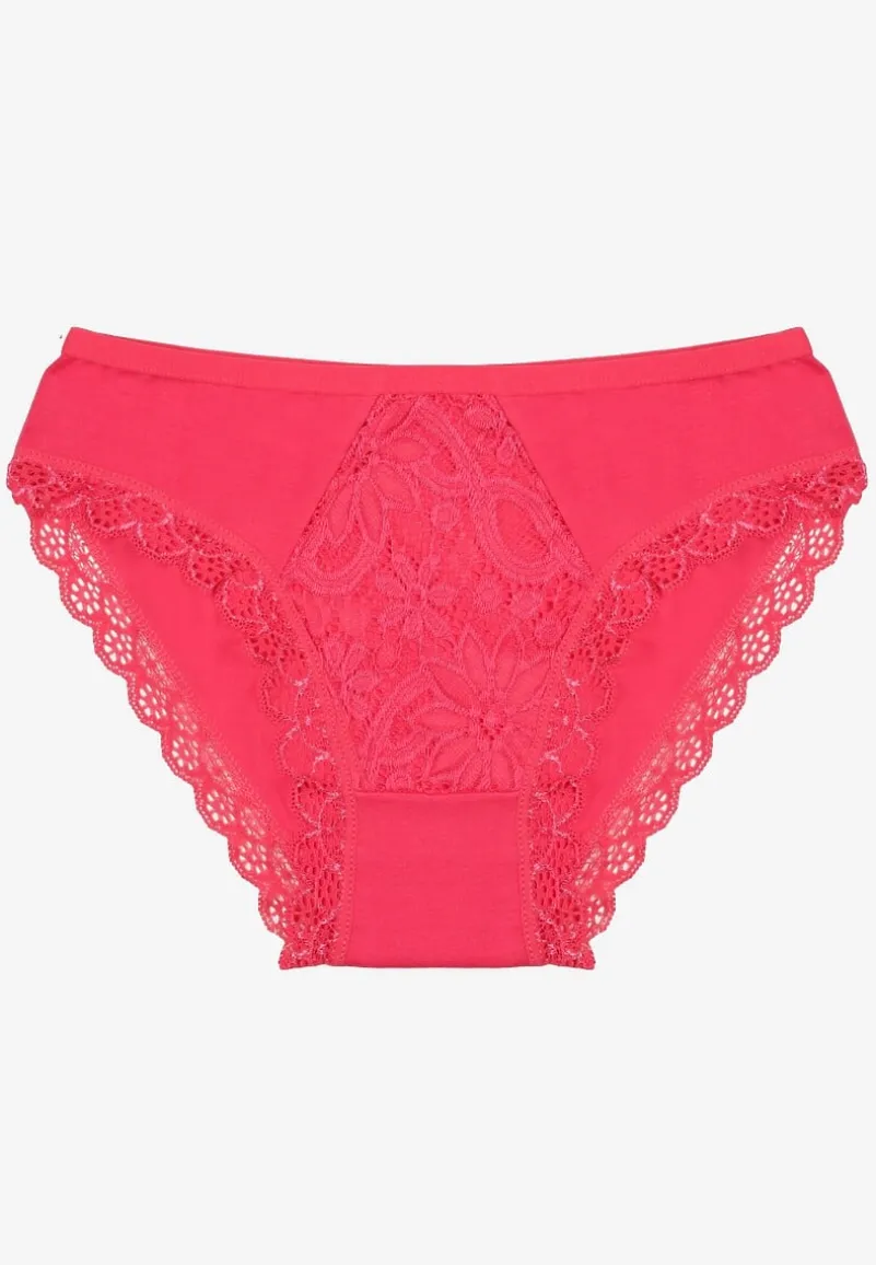 Fuksjowe Majtki Figi Ozdobione Wstawkami z Koronki Povia