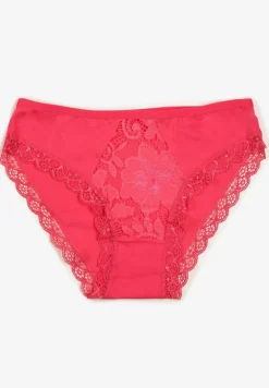 Fuksjowe Majtki Typu Figi z Bawełny Ozdobione Koronką Blikaria