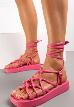 Fuksjowe Sandały na Płaskiej Podeszwie Wiązane na Łydce Evika