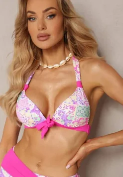 Fuksjowo-Beżowe Bikini w Mozaikowy Wzór z Biżuteryjną Klamerką Vextella