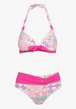 Fuksjowo-Beżowe Bikini w Mozaikowy Wzór z Biżuteryjną Klamerką Vextella