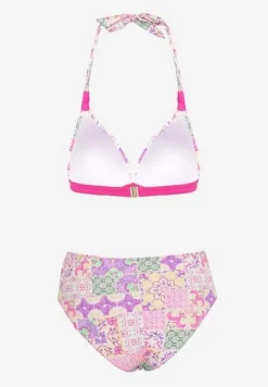Fuksjowo-Beżowe Bikini w Mozaikowy Wzór z Biżuteryjną Klamerką Vextella