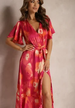 Fuksjowo-Pomarańczowa Kopertowa Sukienka z Gumką w Talii Wiązana Materiałowym Paskiem Vikisana