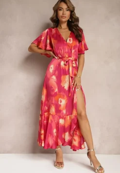 Fuksjowo-Pomarańczowa Kopertowa Sukienka z Gumką w Talii Wiązana Materiałowym Paskiem Vikisana