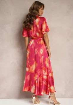 Fuksjowo-Pomarańczowa Kopertowa Sukienka z Gumką w Talii Wiązana Materiałowym Paskiem Vikisana