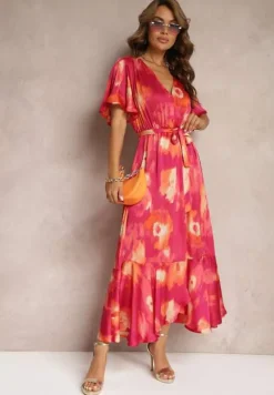 Fuksjowo-Pomarańczowa Kopertowa Sukienka z Gumką w Talii Wiązana Materiałowym Paskiem Vikisana