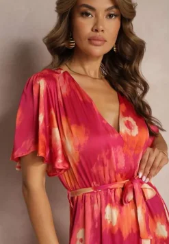 Fuksjowo-Pomarańczowa Kopertowa Sukienka z Gumką w Talii Wiązana Materiałowym Paskiem Vikisana