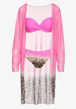 Fuksjowy Komplet Bikini Majtki Figi Biustonosz i Narzutka w Panterkę Paselina