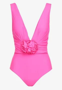 Fuksjowy Strój Kąpielowy Jednoczęściowy Ozdobiony Aplikacją Kwiatu 3D z Usztywnieniem Seliris