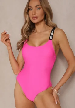 Fuksjowy Strój Kąpielowy z Usztywnianymi Miseczkami Ozdobiony Napisami Tenera