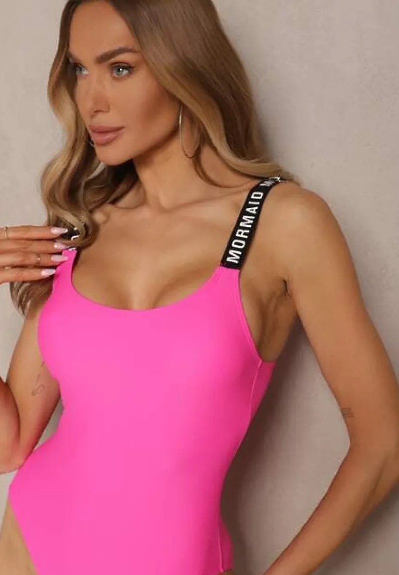 Fuksjowy Strój Kąpielowy z Usztywnianymi Miseczkami Ozdobiony Napisami Tenera