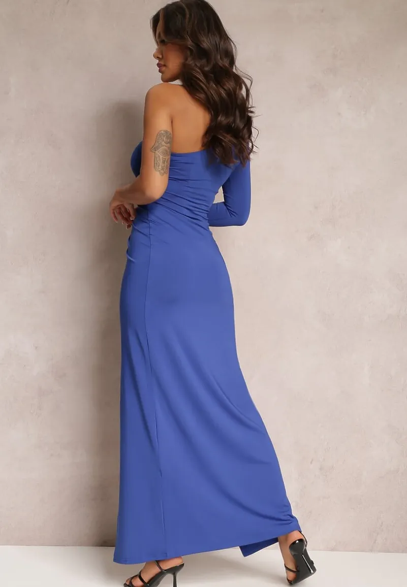 Granatowa Asymetryczna Sukienka Maxi Zdobiona Drapowaniem Kiari